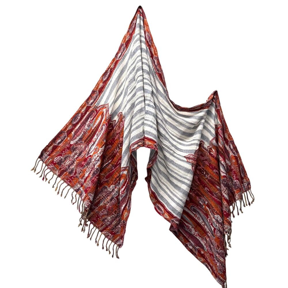 LUCKY BRAND Wool Blend Fringe Scarf Multi Red Turkish Design Gray White Stripes
